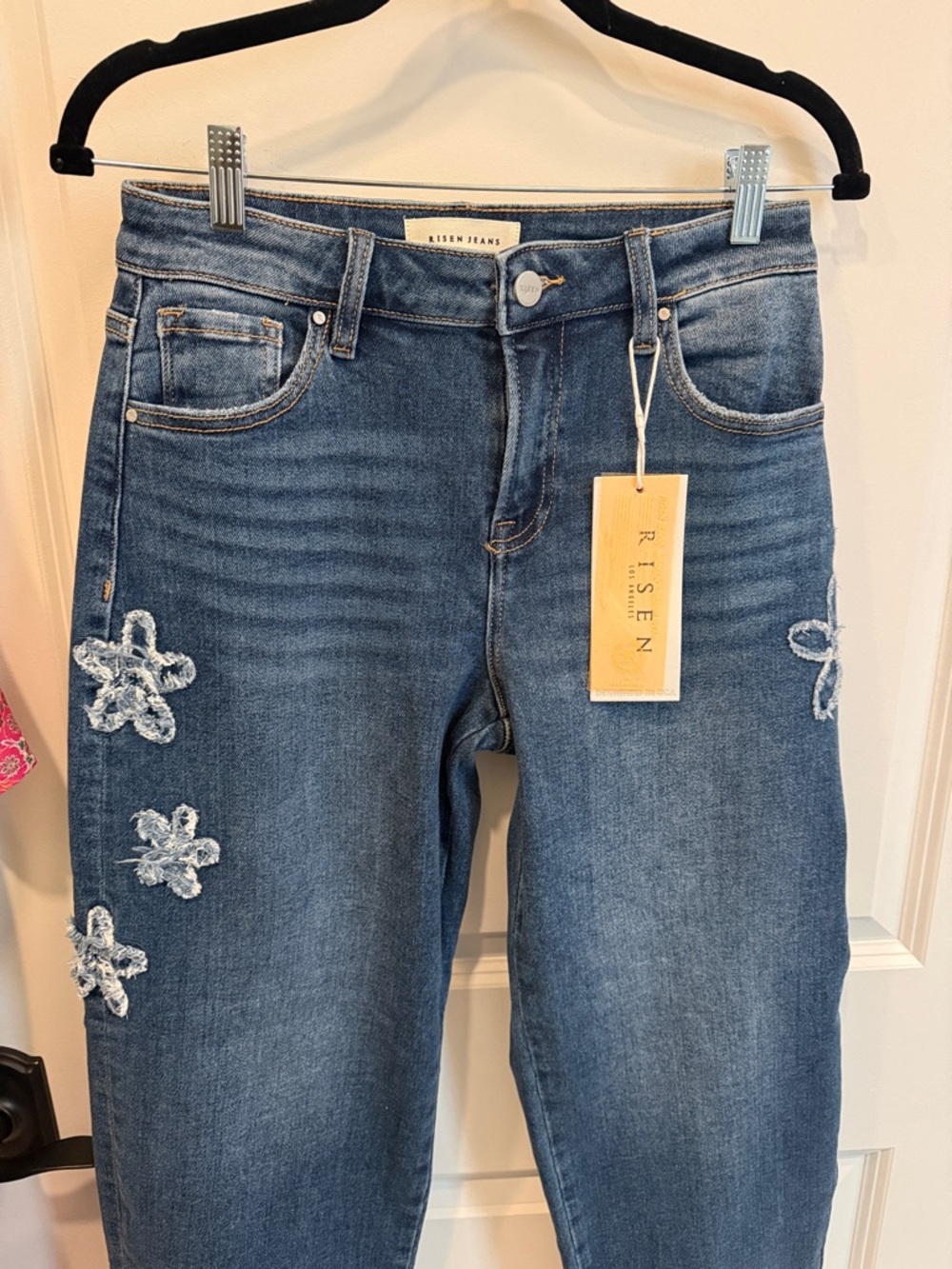 RISEN - Women's Mid Blue Embroidered Floral Jeans